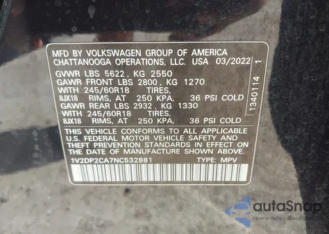 2022 Volkswagen Atlas 2.0T Se z USA, uszkodzony, nr VIN 1V2DP2CA7NC532881